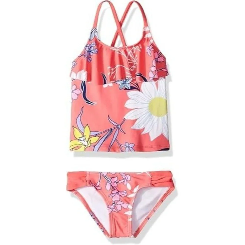Kanu Surf Girls' 2-Piece Swimsuit 8 Paige Coral Floral Charlotte Flounce Tankini